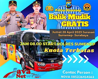Pamflet Kapolda Jatim dan Kapolres Sumenep Menggelar Acara Program Mudik Balik Gratis