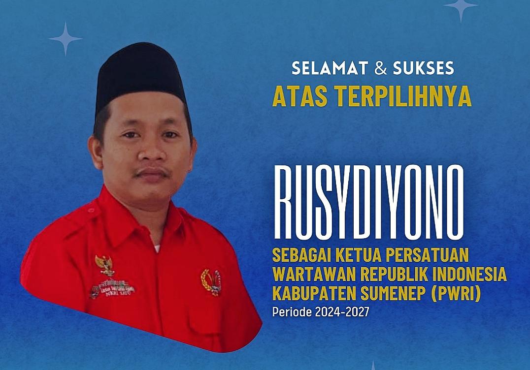 Pamflet Ucapan Selamat Atas Terpilihnya Untuk Kedua Kali Ketua DPC PWRI Sumenep, Rusydiyono, Periode 2024 - 2027