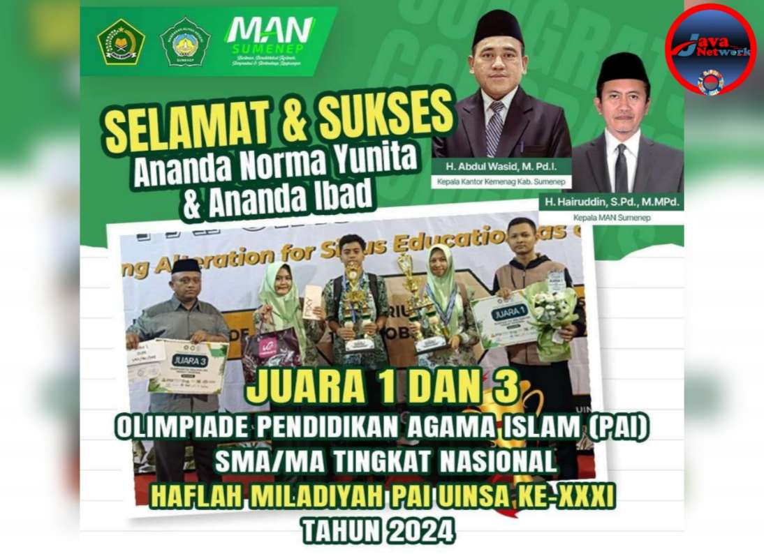 Pamflet Dua Siswa MAN Peraih Juara 1 dan 3 Tingkat Nasional Olimpiade Pendidikan Islam UINSA Surabaya