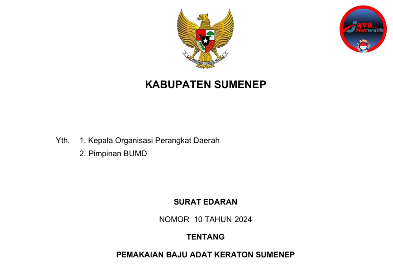 Surat Edaran Nomor 10 Tahun 2024 Tentang Pemakaian Baju Adat Keraton Sumenep 