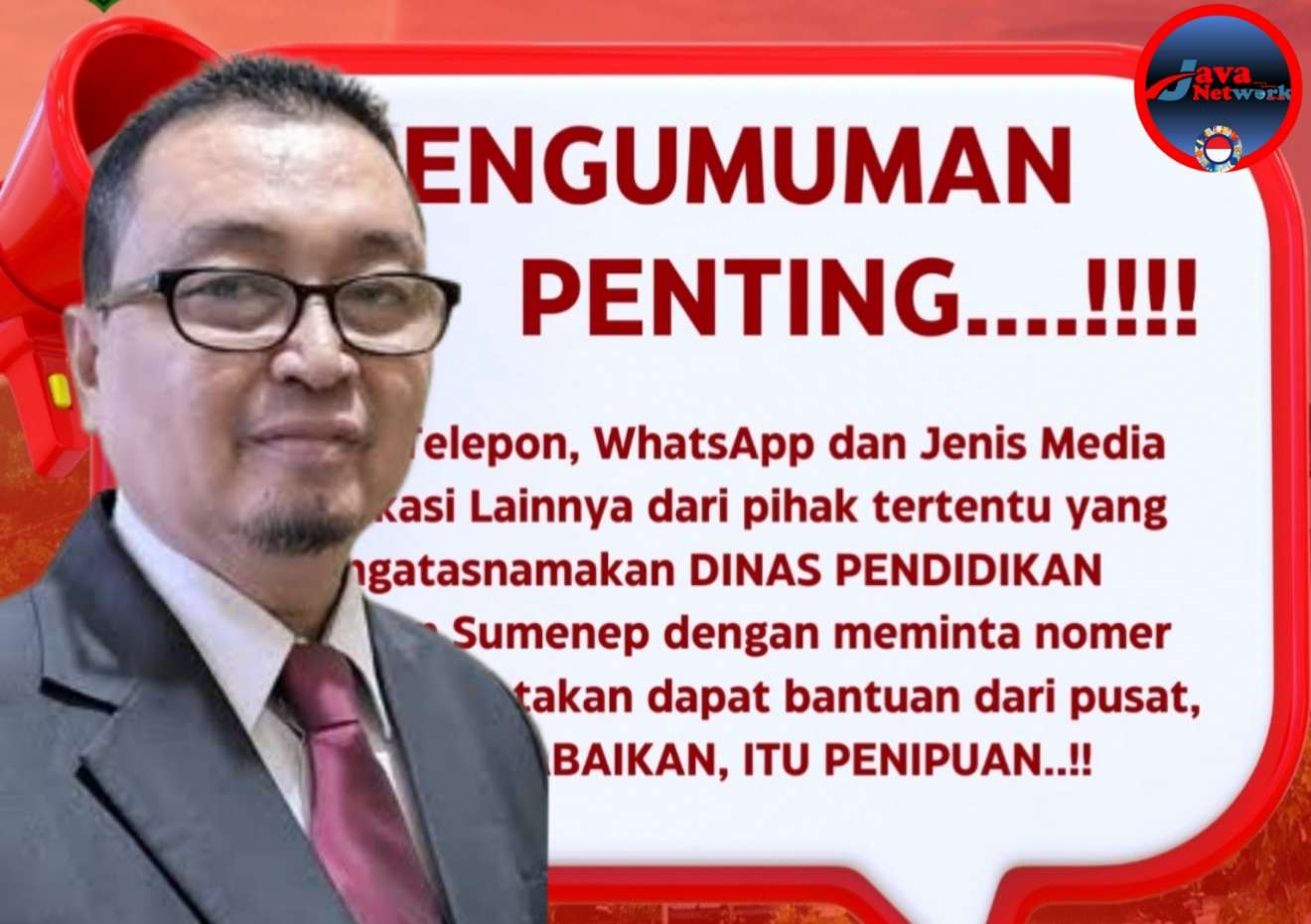 Kepala Bidang Guru dan Tenaga Kependidikan Disdik Sumenep Akhmad Fairusi, SPd, MAP, dan Pamflet Pengumuman Penting
