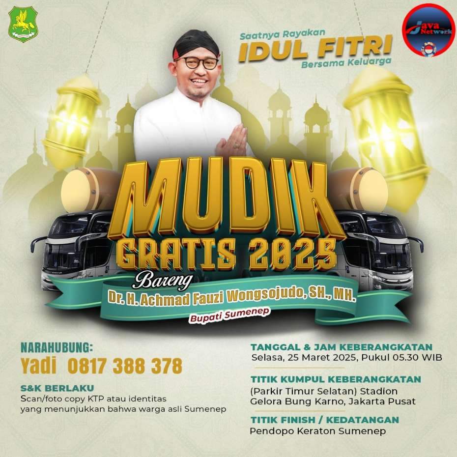 Pamflet Mudik Gratis Lebaran 2025 Bersama Bupati Sumenep Achmad Fauzi Wongsojudo 