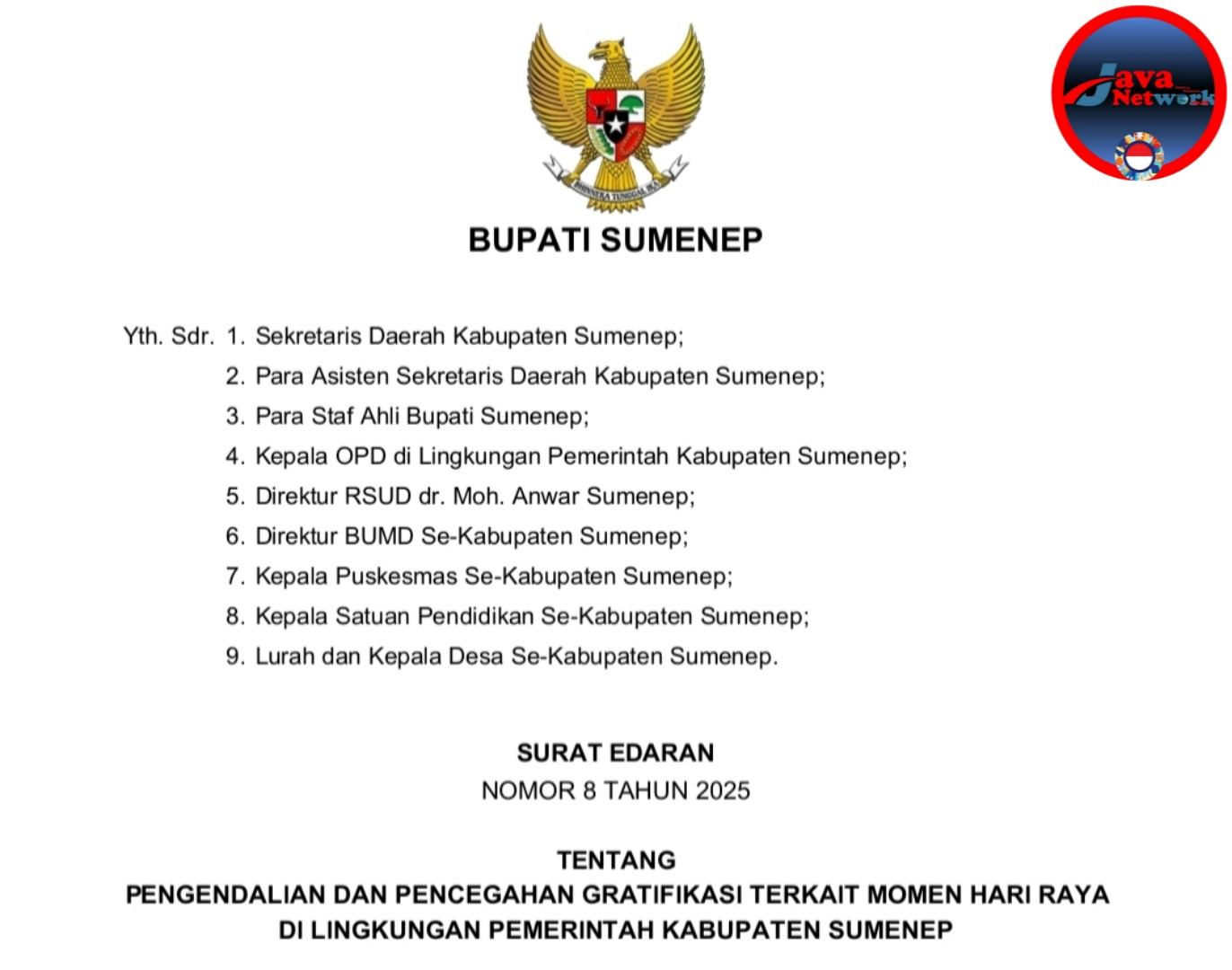 Bupati Sumenep Terbitkan Surat Edaran Pengendalian dan Pencegahan Gratifikasi di Momen Hari Raya
