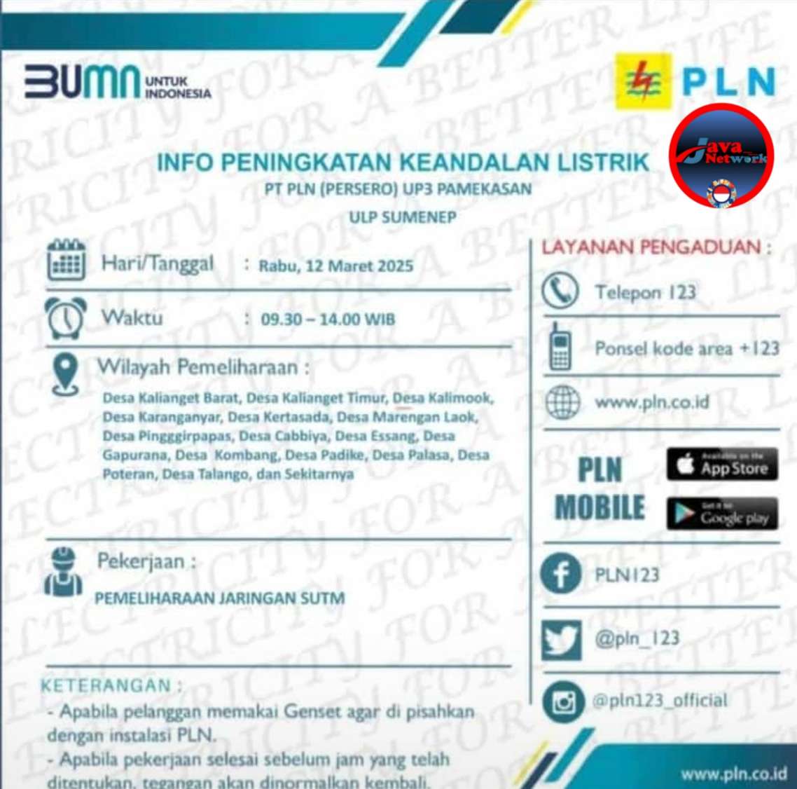 Pamflet Pemadaman PLN Sumenep Untuk Hari Ini 