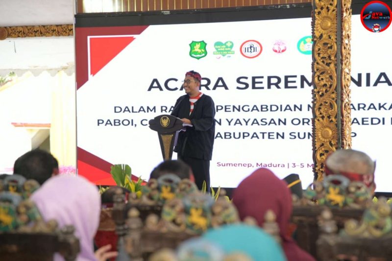 Bupati Sumenep Achmad Fauzi Wongso judo Saat Memberikan Sambutan di Acara Seremoni Kolaboratif Melibatkan PABOI di Pendopo Agung Keraton Sumenep, Senin (05/05/2025)