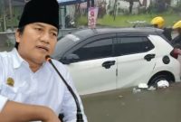 Anggota Komisi III DPRD Sumenep Ahmadi Yasid dengan Latar Belakang Mobil Mogok Karena Banjir