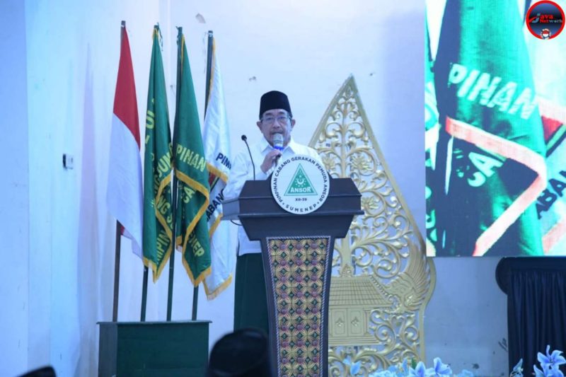 Wabup Sumenep KH. Imam Hasyim Saat Memberikan Sambutan pada Acara Pelantikan GP Ansor Sumenep di Ponpes Nasyrul Ulum Aeng Dake Bluto, Minggu (18/05/2025)
