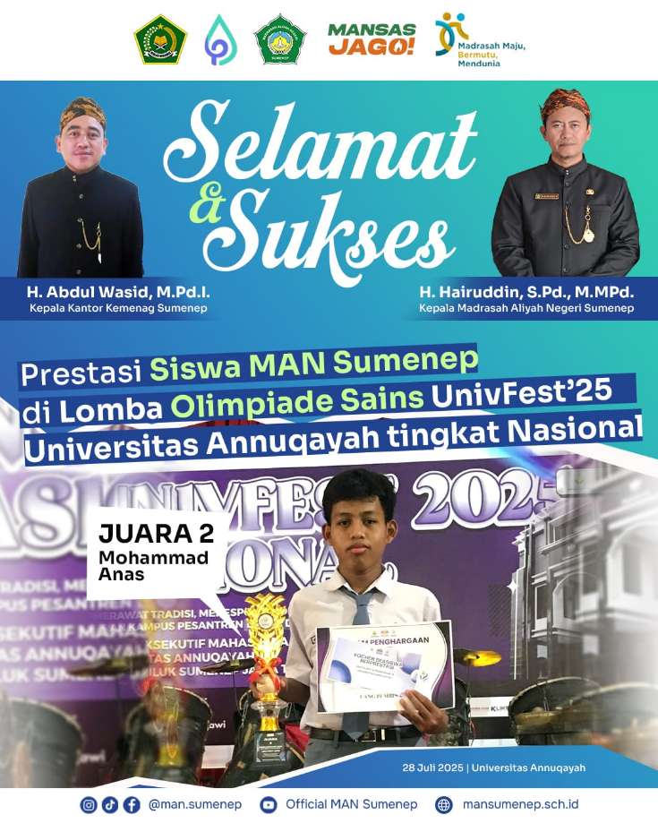 Dari Madrasah Menuju Panggung Nasional: Siswa MAN Sumenep Sabet Juara 2 Nasional Olimpiade Sains