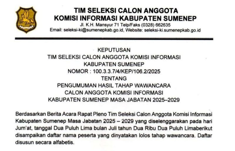 Surat Pengumuman 11 Anggota Komisi Informasi Kabupaten Sumenep 