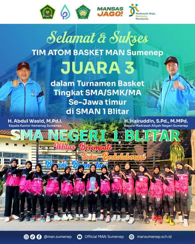 Atom Basket Putri MAN Sumenep Ukir Prestasi Bawa Pulang Juara 3 di Ajang Basket Jawa Timur