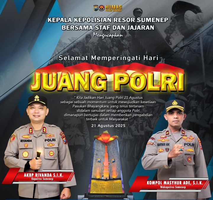 Kapolres Sumenep AKBP Rivanda S.I.K bersama Wakapolres Sumenep Kompol Masyhur Adi S.I.K menyampaikan pesan moral yang kuat: Hari Juang Polri