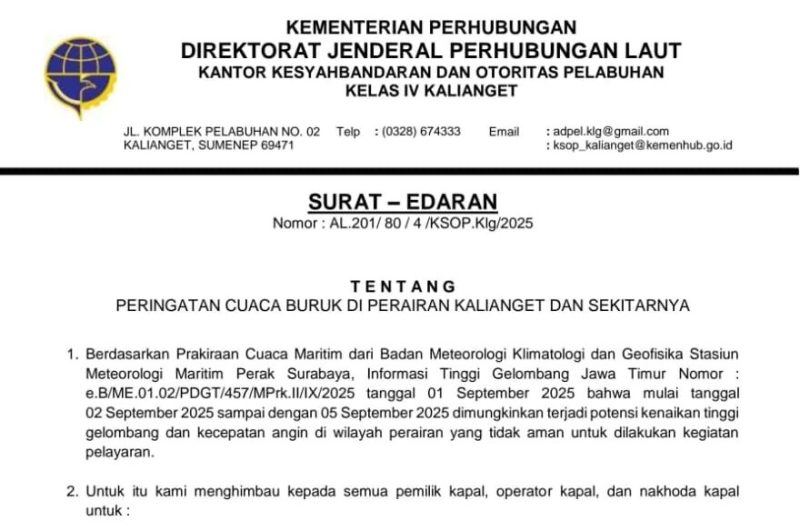 SE Himbauan Pelayaran Dikeluarkan KSOP Kalianget 