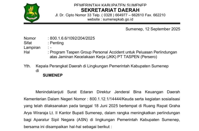 Potongan Surat Edaran yang Dikeluarkan Plt. Sekdakab Sumenep Raden Drs. Syahwan Efendi 
