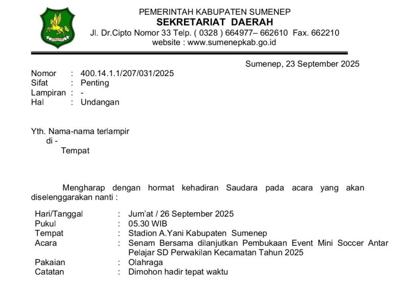 Surat Undangan Untuk ASN dilingkungan Pemkab Sumenep untuk Senam Bersama dan Laga Perdana Minu Soccer di Gor A. Yani 