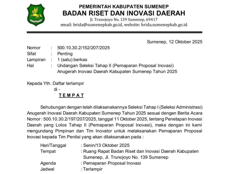 BRIDA Sumenep Gelar Seleksi Tahap II Anugerah Inovasi Daerah 2025