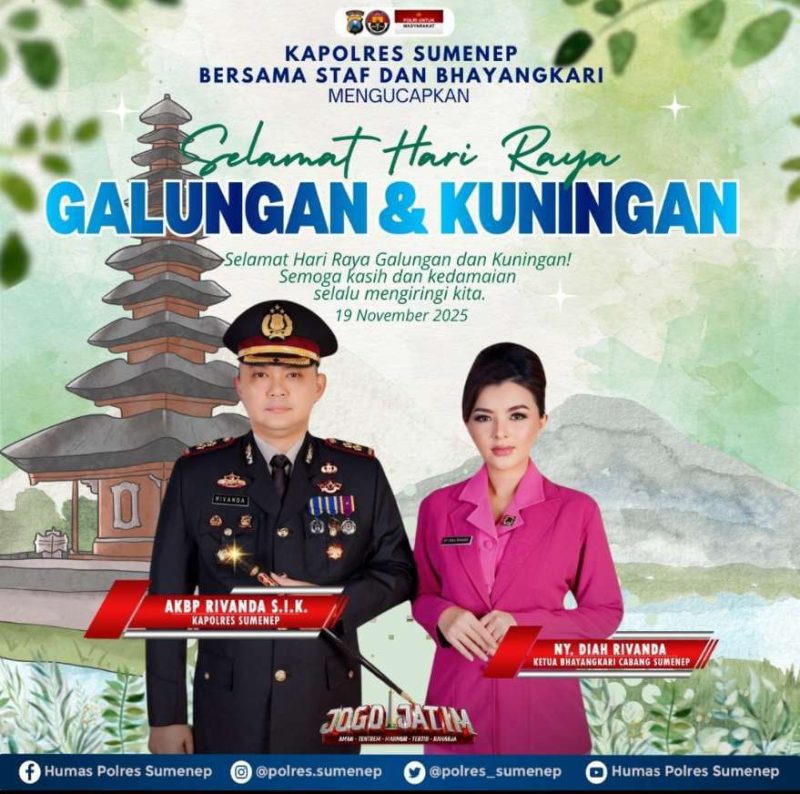 Pamflet Kapolres Sumenep Sampaikan Ucapan Hari Raya Galungan & Kuningan, Ajak Warga Perkuat Toleransi dan Persaudaraan