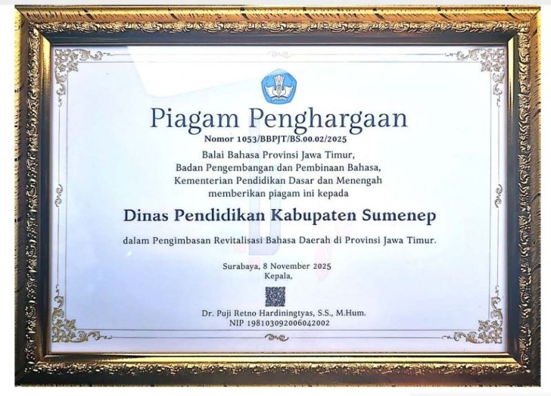 Piagam Penghargaan Yang Diterima Disdik Sumenep Di Ajang FTBI Jawa Timur 