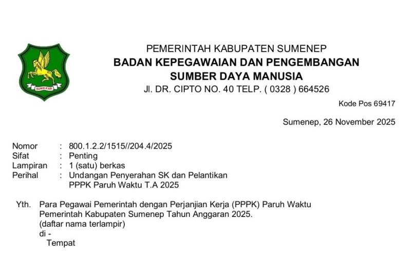 Surat Undangan BPKSDM Terkait Pelantikan PPPK Paruh Waktu Kabupaten Sumenep 