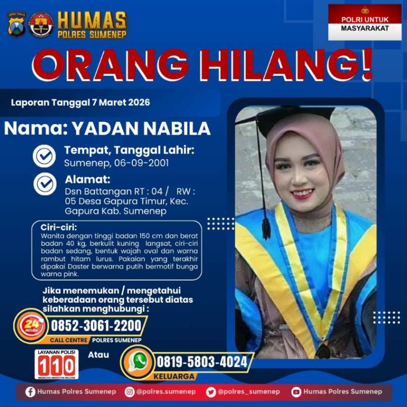 Polres Sumenep Umumkan Pencarian Orang Hilang, Warga Diminta Bantu Informasi Keberadaan Yadan Nabila