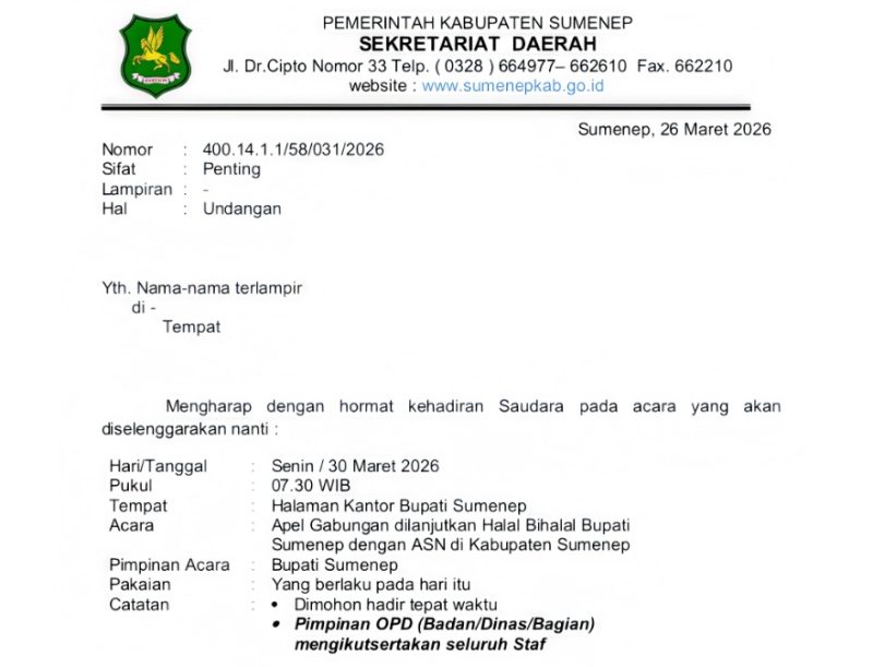 Potong Surat Edaran pelaksanaan Apel Gabungan dan Halal Bihalal pada Senin, 30 Maret 2026