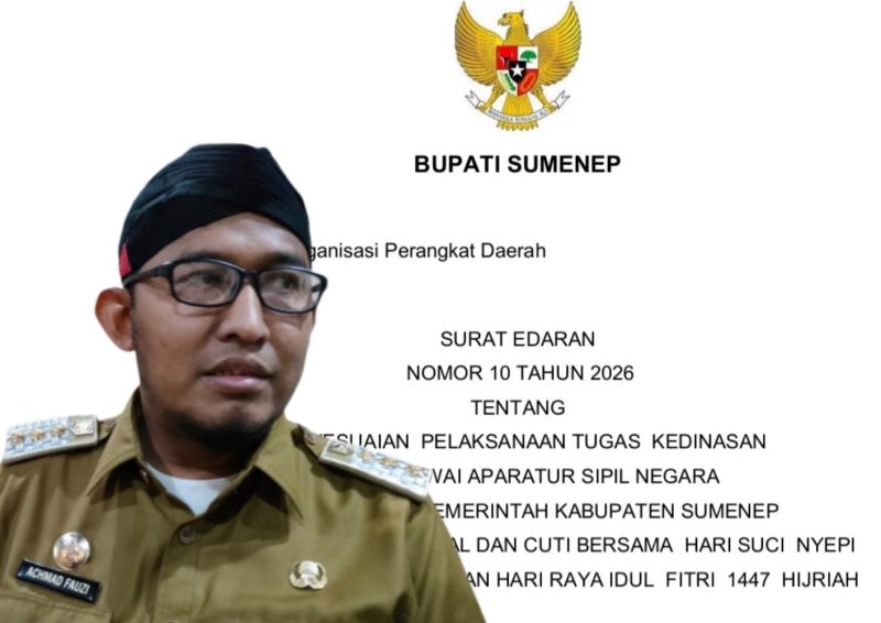 Bupati Sumenep Dr. H. Achmad Fauzi Wongsojudo SH MH dengan Latar SE Penyesuaian Kerja ASN Jelang Nyepi dan Idul Fitri 1447 H