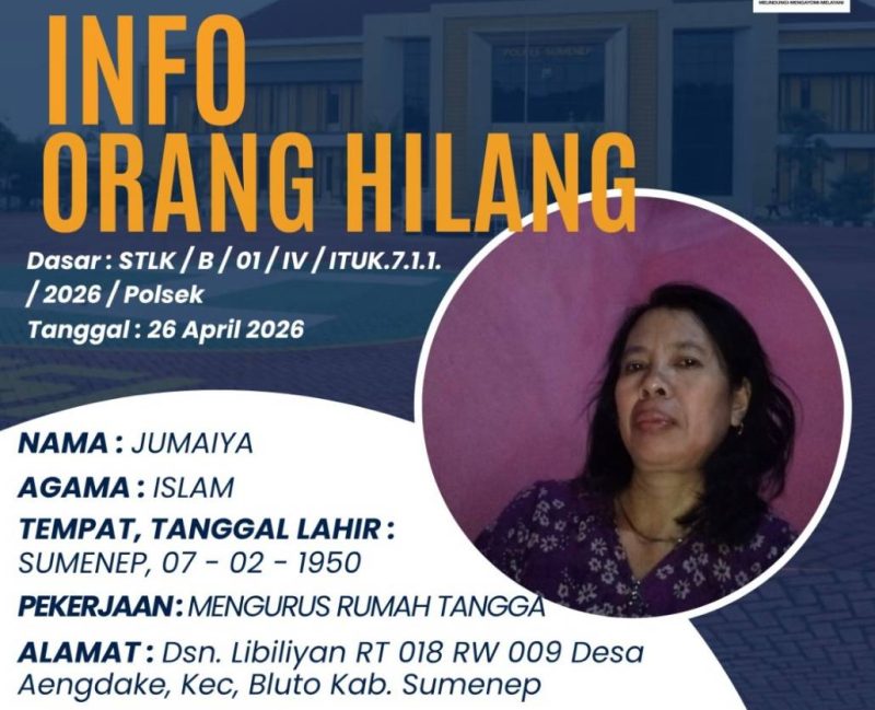 Foto Pamflet Berita Orang Hilang Yang dikeluarkan Polres Sumenep, Senin (27/04/2026)