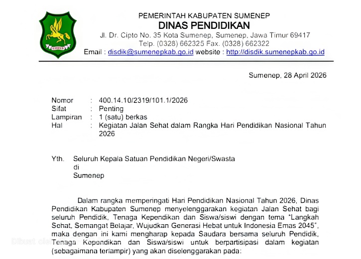 Surat Edaran Disdik Sumenep Gelar Hardiknas Lewat Jalan Sehat Bersama Besok, Jum'at (07/05/2026)