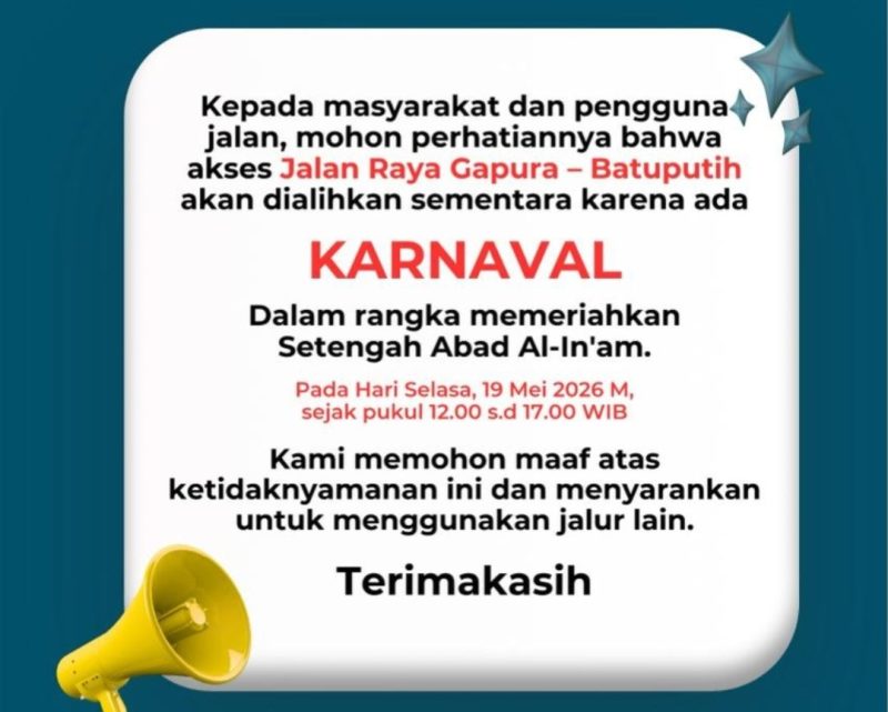 Jalan Raya Gapura–Batupitih Dialihkan Sementara, Karnaval Setengah Abad Al-In’am Digelar 19 Mei 2026