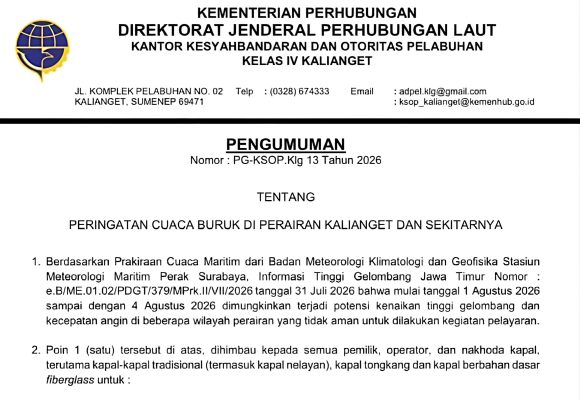 KSOP Kalianget Peringatkan Cuaca Buruk, Kapal Diminta Tunda Pelayaran 1-4 Agustus